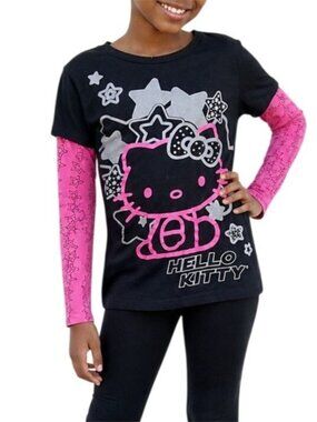 Hello Kitty Girls Size XS Top Graphic Design Long Sleeve Black Pink Star Print